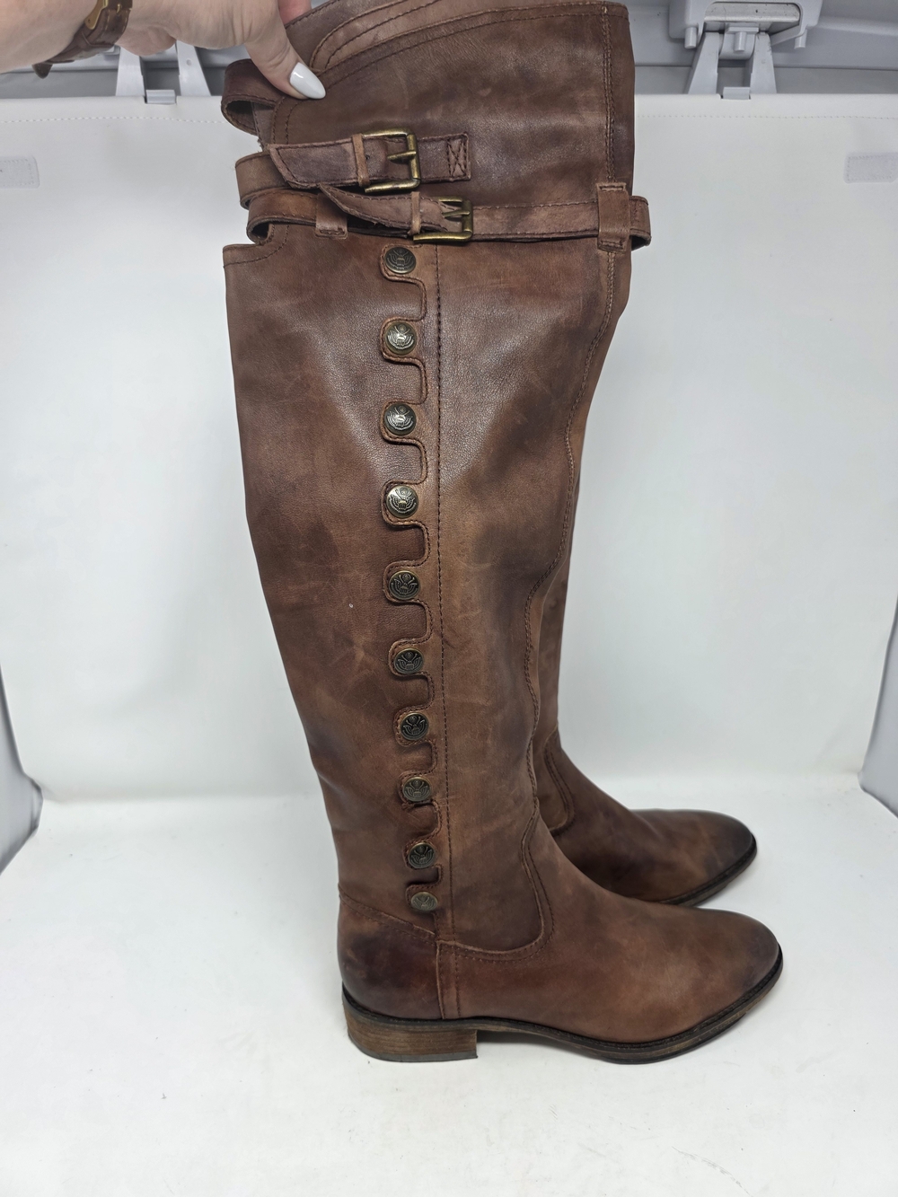 Sam Edelman Pierce Cognac Brown Leather Tall Riding Boots Button Detail Sz 10M